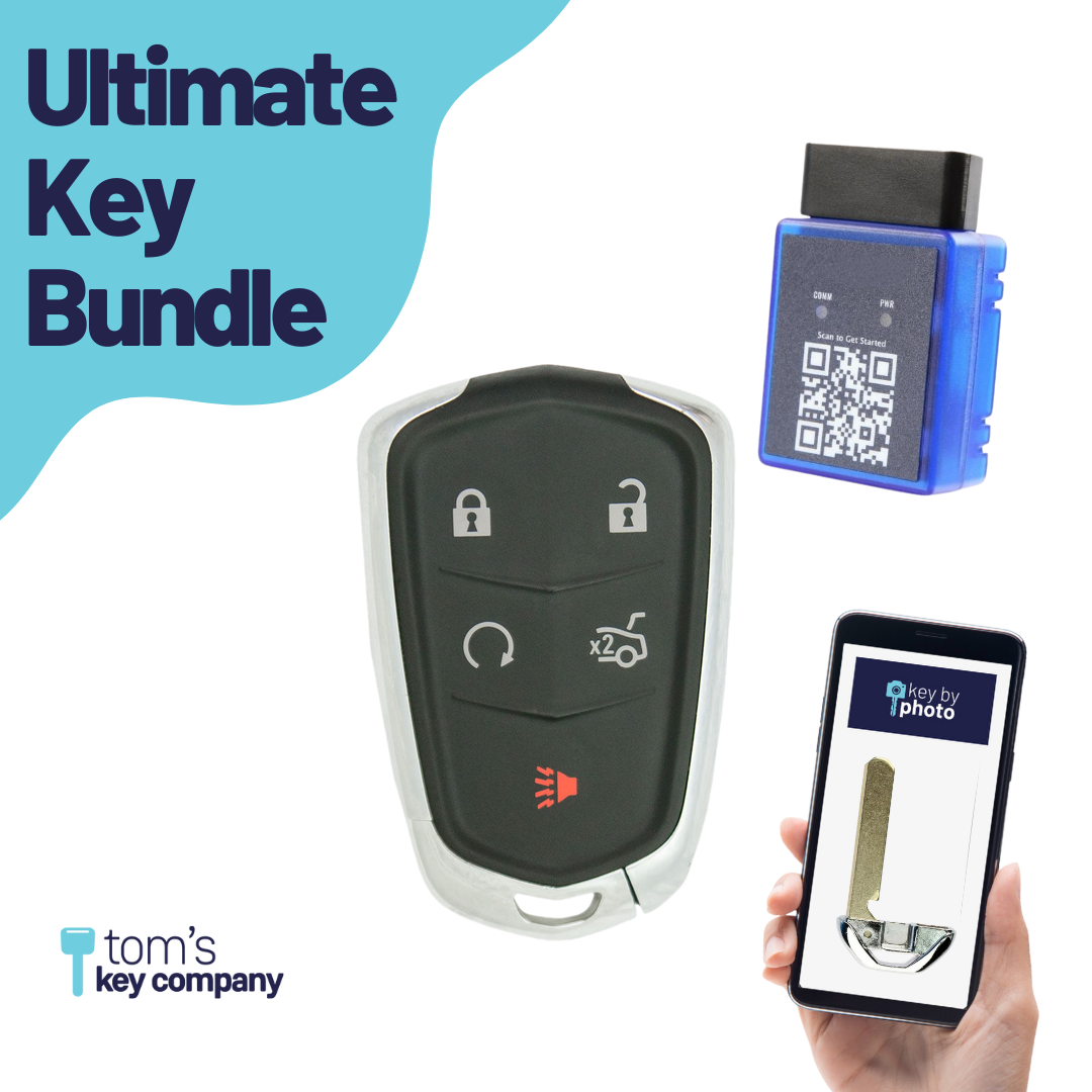 Ultimate Smart Key Bundle with Programming Tool, Refurbished 5-Button Smart Key Fob and Key By Photo for Select Cadillac Vehicles (CADSK-5B-RSTR-117-K-UKB)