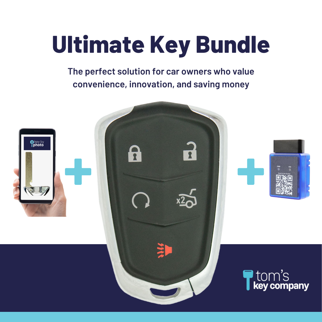 Ultimate Smart Key Bundle with Programming Tool, Aftermarket 5-Button Smart Key Fob and Key By Photo for Select Cadillac Vehicles (CADSK-5B-RSTR-117-K-UKB)