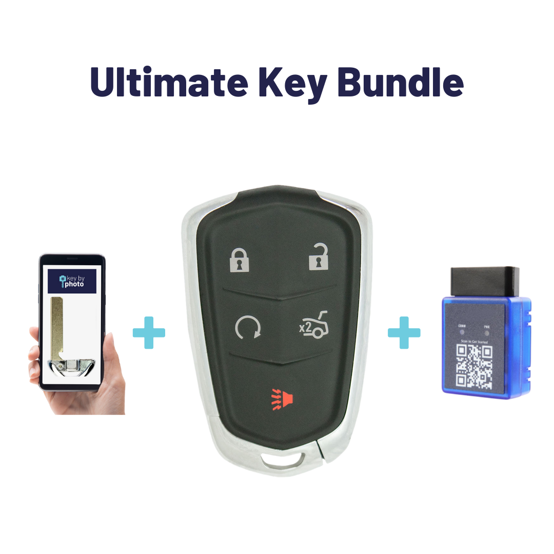 Ultimate Smart Key Bundle with Programming Tool, Aftermarket 5-Button Smart Key Fob and Key By Photo for Select Cadillac Vehicles (CADSK-5B-RSTR-117-K-UKB)