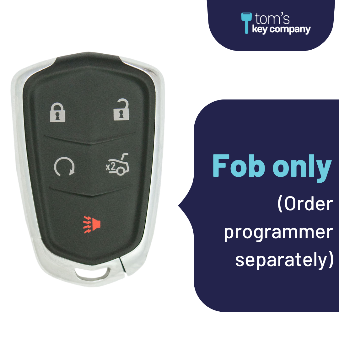 Brand New Aftermarket 5-Button Smart Key Fob with Lock, Unlock, Remote Start, Trunk, Panic for Select Cadillac Vehicles (CADSK-5B-RSTR-117-K)