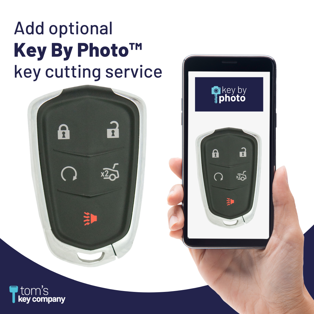 Brand New Aftermarket 5-Button Smart Key Fob with Lock, Unlock, Remote Start, Trunk, Panic for Select Cadillac Vehicles (CADSK-5B-RSTR-117-K)