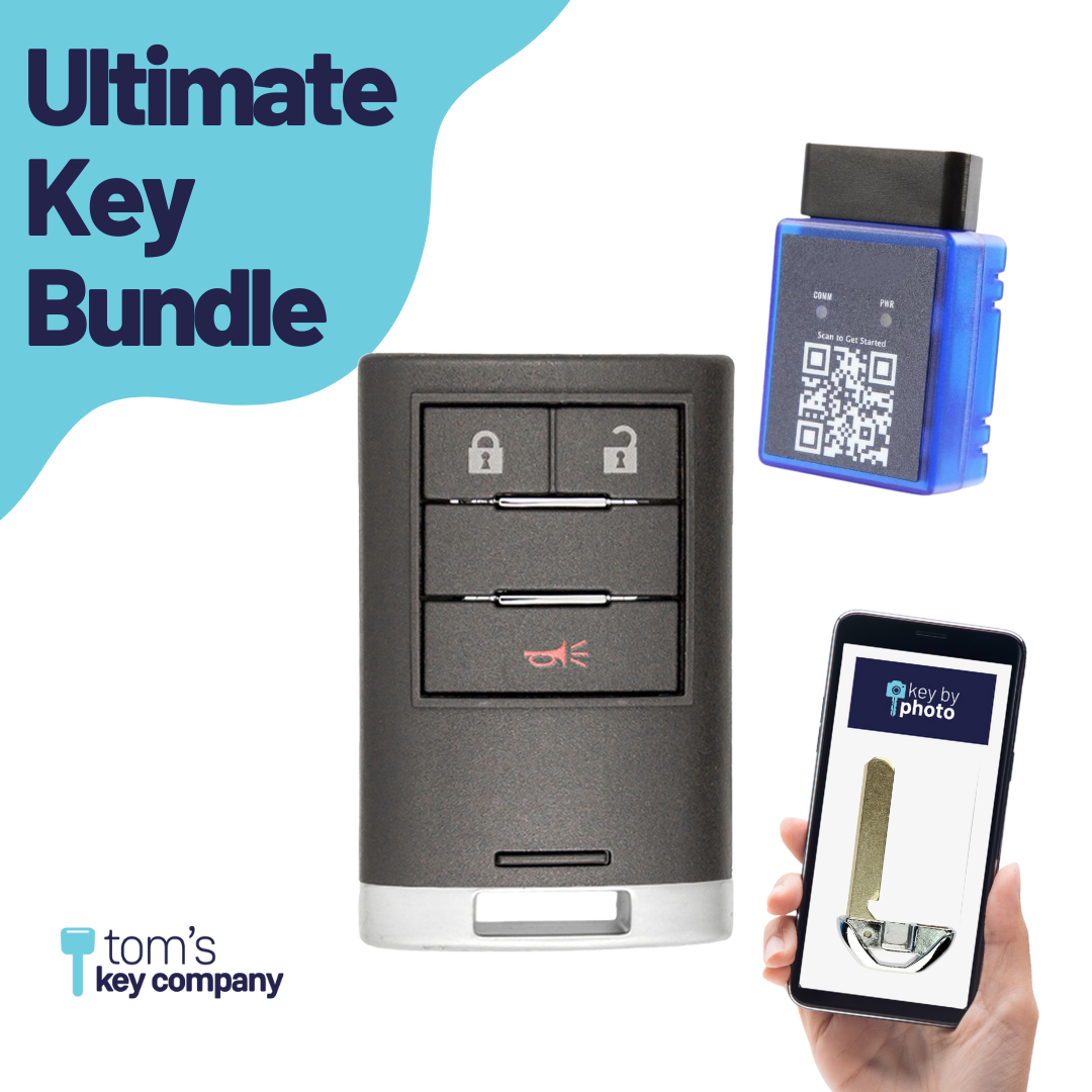 Ultimate Smart Key Bundle with Programming Tool, Refurbished 3-Button Smart Key Fob and Key By Photo for Select Cadillac Vehicles (CADSK- 3B-164-K-UKB)