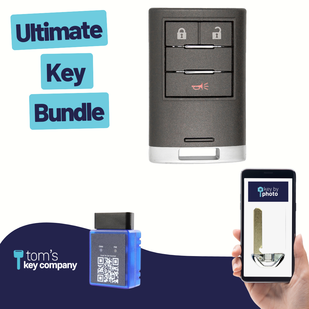 Ultimate Smart Key Bundle with Programming Tool, Refurbished 3-Button Smart Key Fob and Key By Photo for Select Cadillac Vehicles (CADSK- 3B-164-K-UKB)