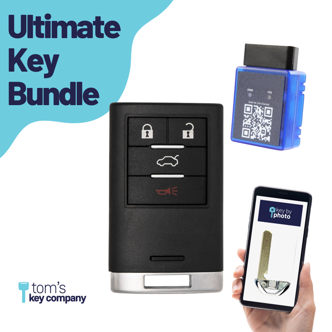 Ultimate Smart Key Bundle with Programming Tool, Refurbished 4-Button Smart Key Fob and Key By Photo for Select Cadillac Vehicles (CADSK- 4B-167-K-UKB)