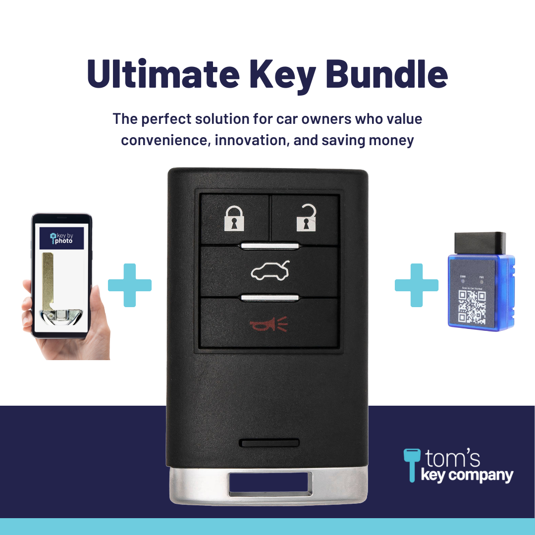 Ultimate Smart Key Bundle with Programming Tool, Refurbished 4-Button Smart Key Fob and Key By Photo for Select Cadillac Vehicles (CADSK- 4B-167-K-UKB)