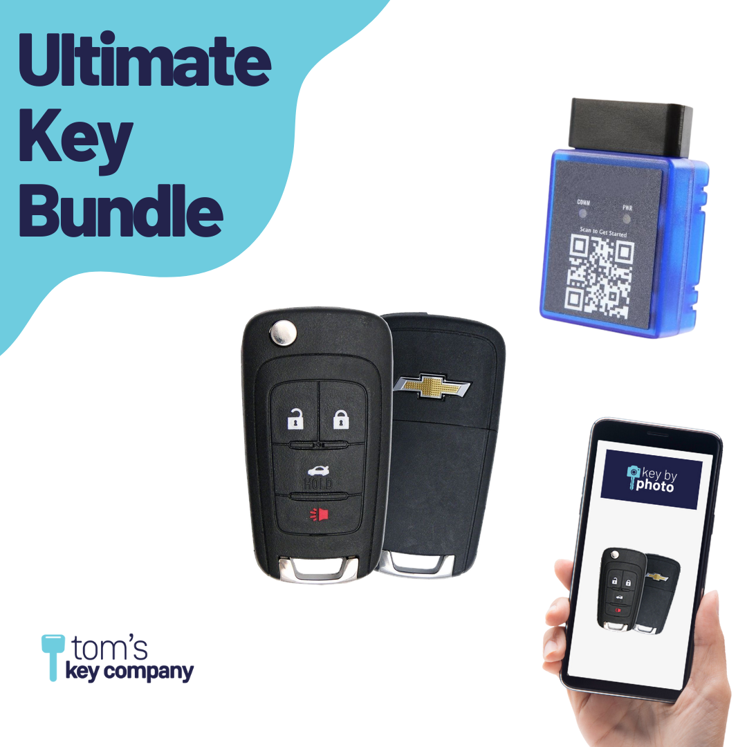 Ultimate Remote Key Bundle with Programming Tool, Refurbished 4-Button Remote Key and Key By Photo for Select Chevrolet Vehicles (CHECK-4B-TR-808-REF-K-UKB)