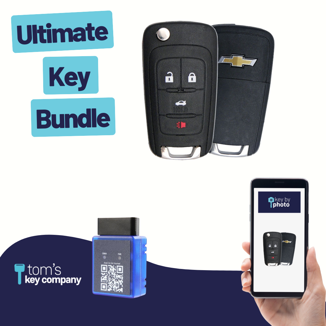 Ultimate Remote Key Bundle with Programming Tool, Refurbished 4-Button Remote Key and Key By Photo for Select Chevrolet Vehicles (CHECK-4B-TR-808-REF-K-UKB)