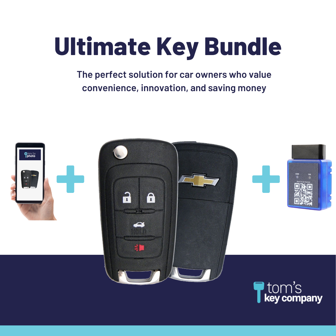 Ultimate Remote Key Bundle with Programming Tool, Refurbished 4-Button Remote Key and Key By Photo for Select Chevrolet Vehicles (CHECK-4B-TR-808-REF-K-UKB)
