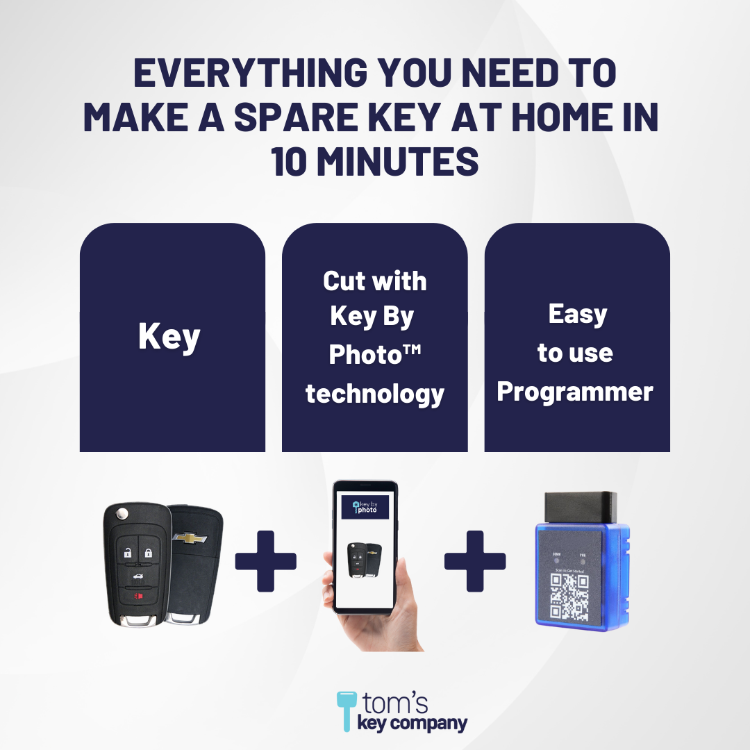 Ultimate Remote Key Bundle with Programming Tool, Refurbished 4-Button Remote Key and Key By Photo for Select Chevrolet Vehicles (CHECK-4B-TR-808-REF-K-UKB)