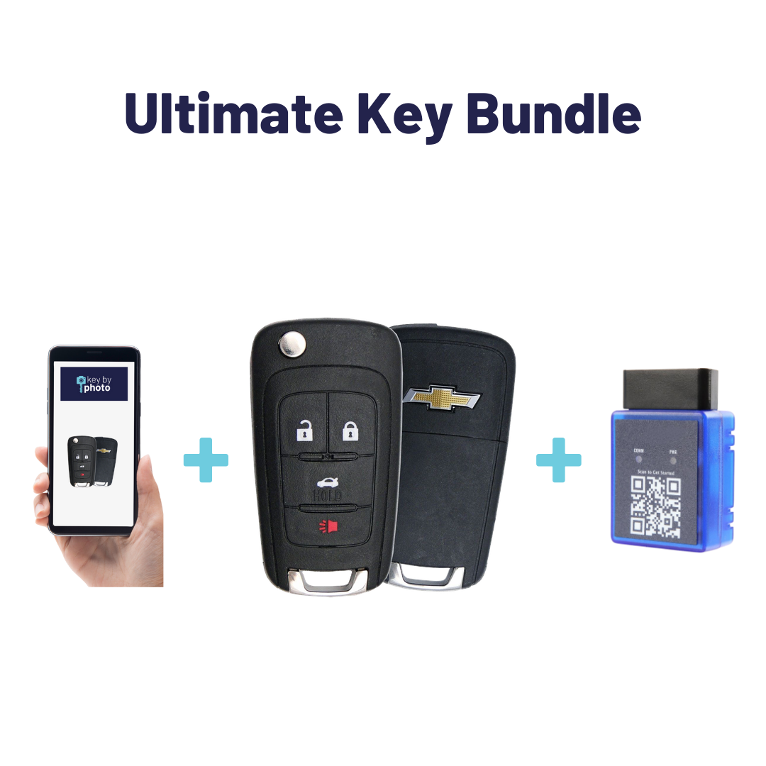 Ultimate Remote Key Bundle with Programming Tool, Refurbished 4-Button Remote Key and Key By Photo for Select Chevrolet Vehicles (CHECK-4B-TR-808-REF-K-UKB)