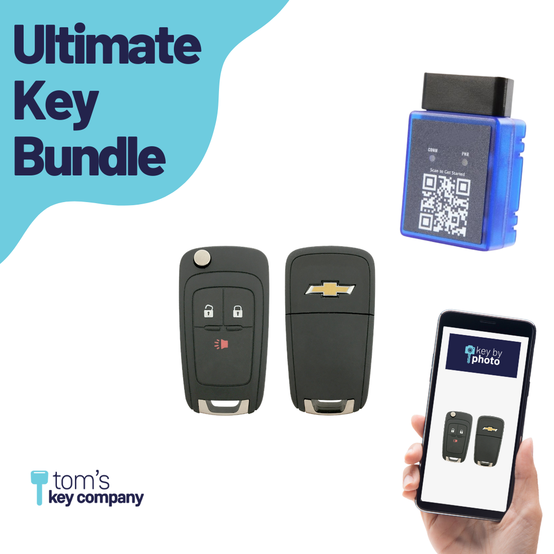 Ultimate Remote Key Bundle with Programming Tool, Aftermarket 3-Button Remote Key and Key By Photo for Select Chevrolet Vehicles (CHEFLP-3B-839-REF-K-UKB)