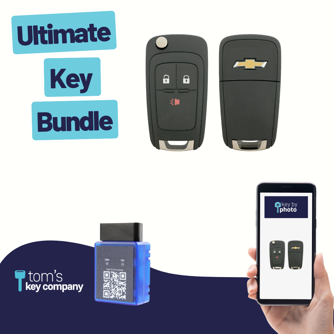 Ultimate Remote Key Bundle with Programming Tool, Aftermarket 3-Button Remote Key and Key By Photo for Select Chevrolet Vehicles (CHEFLP-3B-839-REF-K-UKB)