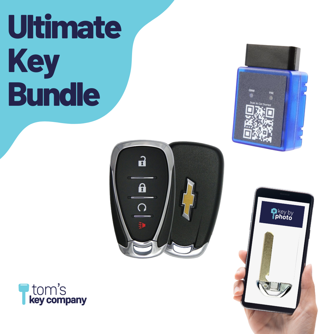 Ultimate Smart Key Bundle with Programming Tool, Refurbished 4-Button Smart Key Fob and Key By Photo for Select Chevrolet Vehicles (CHESK-4B-RS-955-REF-K-UKB)