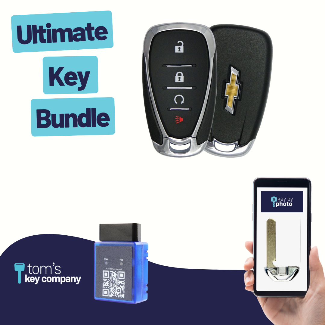 Ultimate Smart Key Bundle with Programming Tool, Refurbished 4-Button Smart Key Fob and Key By Photo for Select Chevrolet Vehicles (CHESK-4B-RS-955-REF-K-UKB)