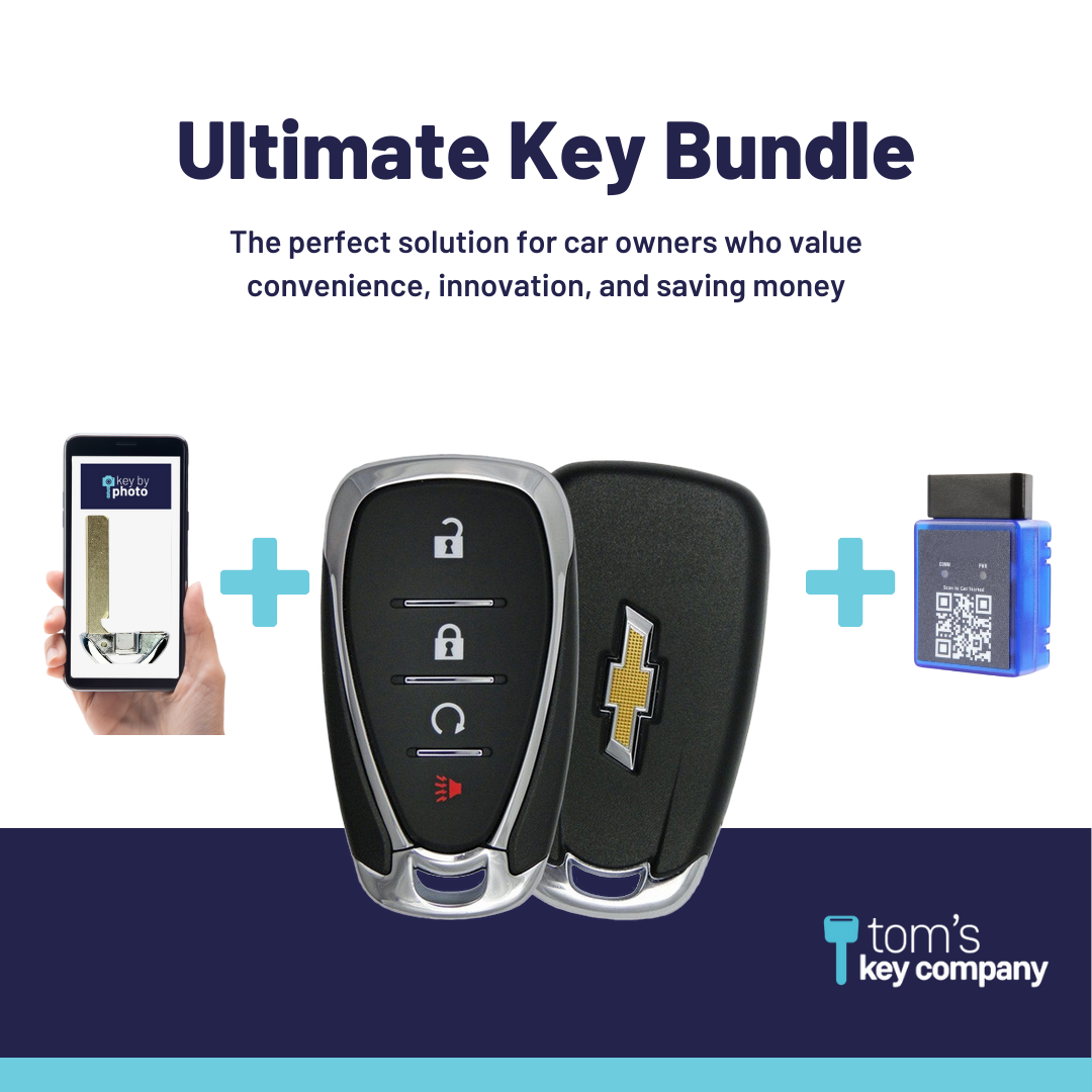 Ultimate Smart Key Bundle with Programming Tool, Refurbished 4-Button Smart Key Fob and Key By Photo for Select Chevrolet Vehicles (CHESK-4B-RS-955-REF-K-UKB)