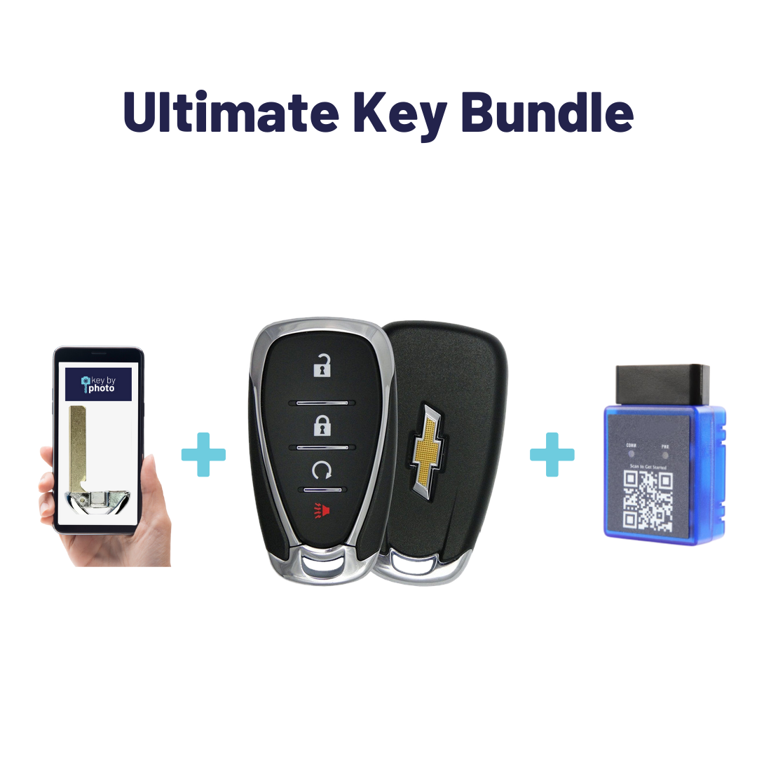Ultimate Smart Key Bundle with Programming Tool, Refurbished 4-Button Smart Key Fob and Key By Photo for Select Chevrolet Vehicles (CHESK-4B-RS-955-REF-K-UKB)