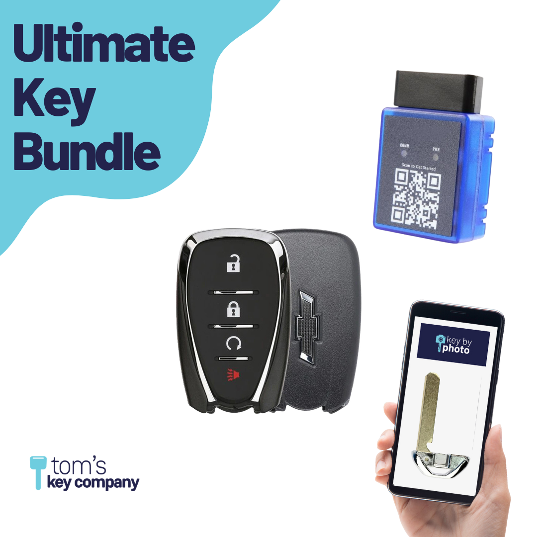 Ultimate Smart Key Bundle with Programming Tool, Refurbished 4-Button Smart Key Fob and Key By Photo for Select Chevrolet Vehicles (CHESK-4B-RS-965-REF-K-UKB)