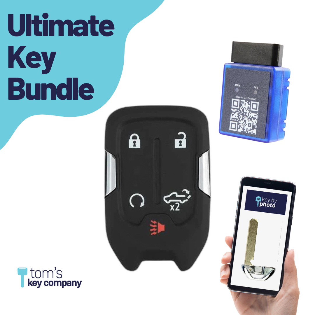 Ultimate Smart Key Bundle with Programming Tool, Aftermarket 5-Button Smart Key Fob and Key By Photo for Select GMC Vehicles (CHEVSK-5B-TG-HYQ1EA-SLVRDO-UKB)