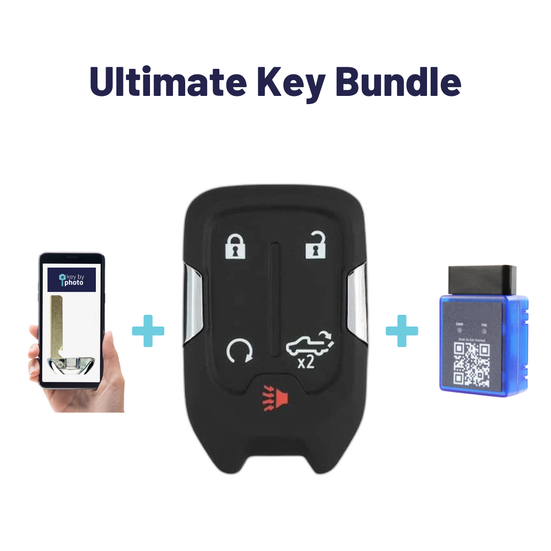 Ultimate Smart Key Bundle with Programming Tool, Aftermarket 5-Button Smart Key Fob and Key By Photo for Select GMC Vehicles (CHEVSK-5B-TG-HYQ1EA-SLVRDO-UKB)