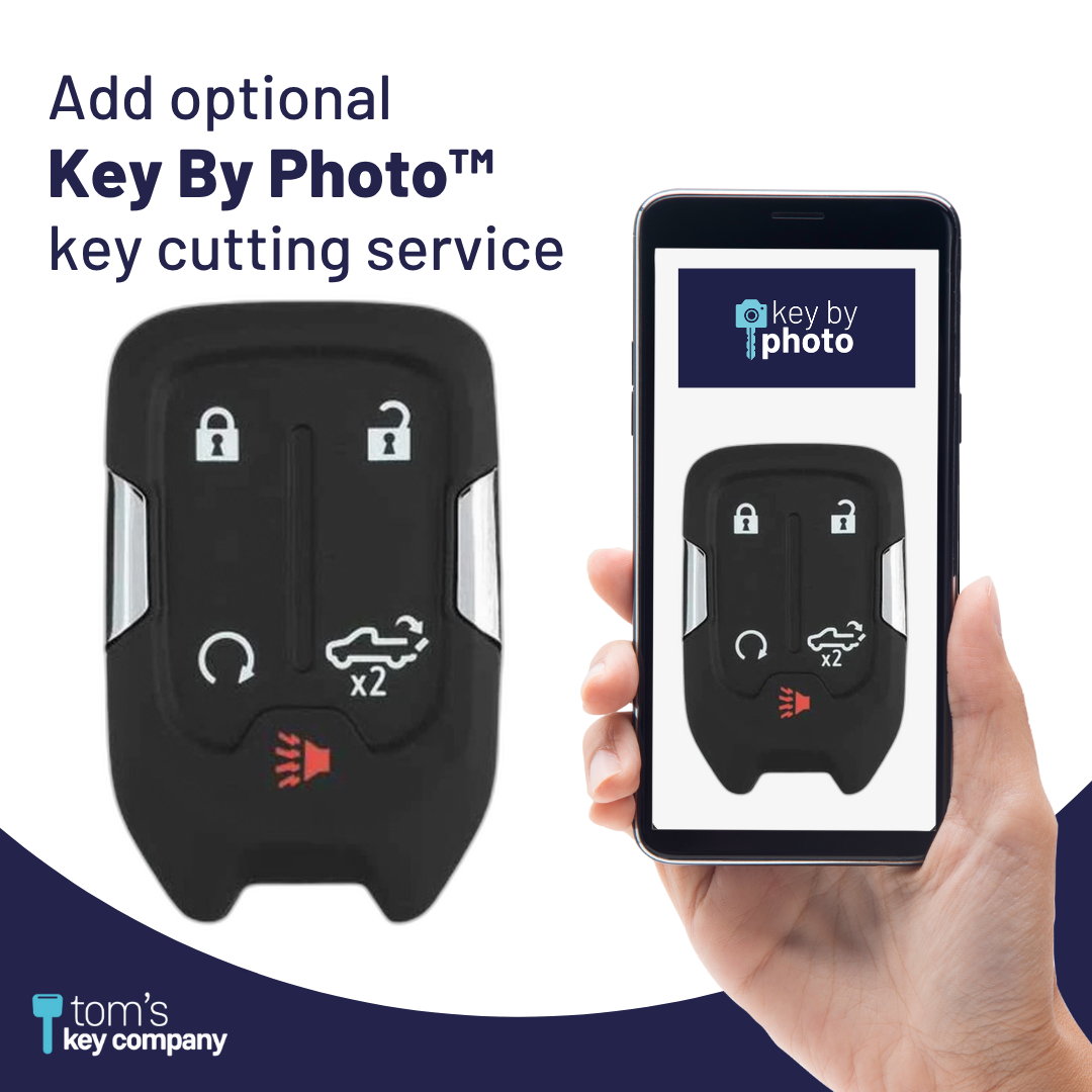 Brand New Aftermarket 5-Button Smart Key Fob with Lock, Unlock, Remote Start, Liftgate, Panic for Select GMC Vehicles (CHEVSK-5B-TG-HYQ1EA-SLVRDO)