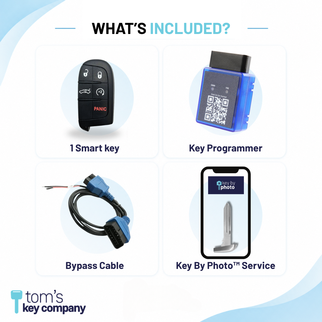 Ultimate DIY Car Key Replacement Kit for Dodge Challenger & Charger (2018) & Chrysler 300 (2018) – 5 Button Smart Key with Trunk Release and Remote Start w/ PairMyKey, Bypass Cable & Key by Photo (DJSK-5B-TRUNK-RS-TMB-PMKA-BC-KBP-UKB)