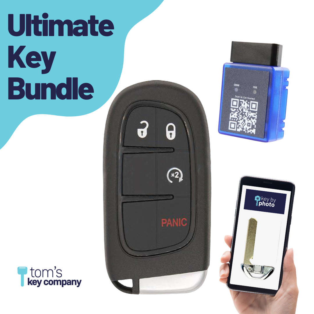 Ultimate Smart Key Bundle with Programming Tool, Refurbished 4-Button Smart Key Fob and Key By Photo for Select Dodge and RAM Vehicles (DODSK-4B-607-K-UKB)