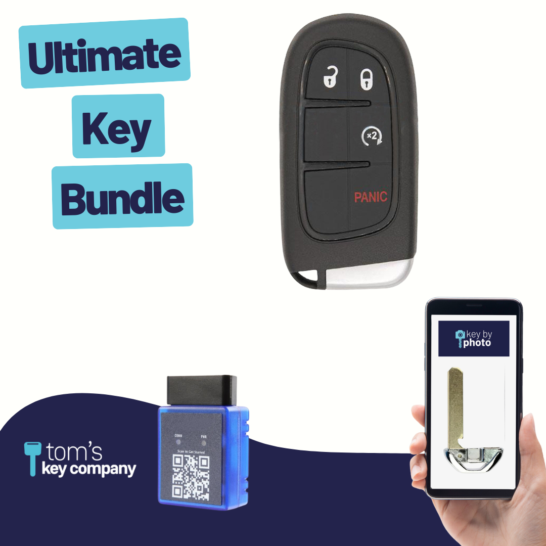 Ultimate Smart Key Bundle with Programming Tool, Refurbished 4-Button Smart Key Fob and Key By Photo for Select Dodge and RAM Vehicles (DODSK-4B-607-K-UKB)