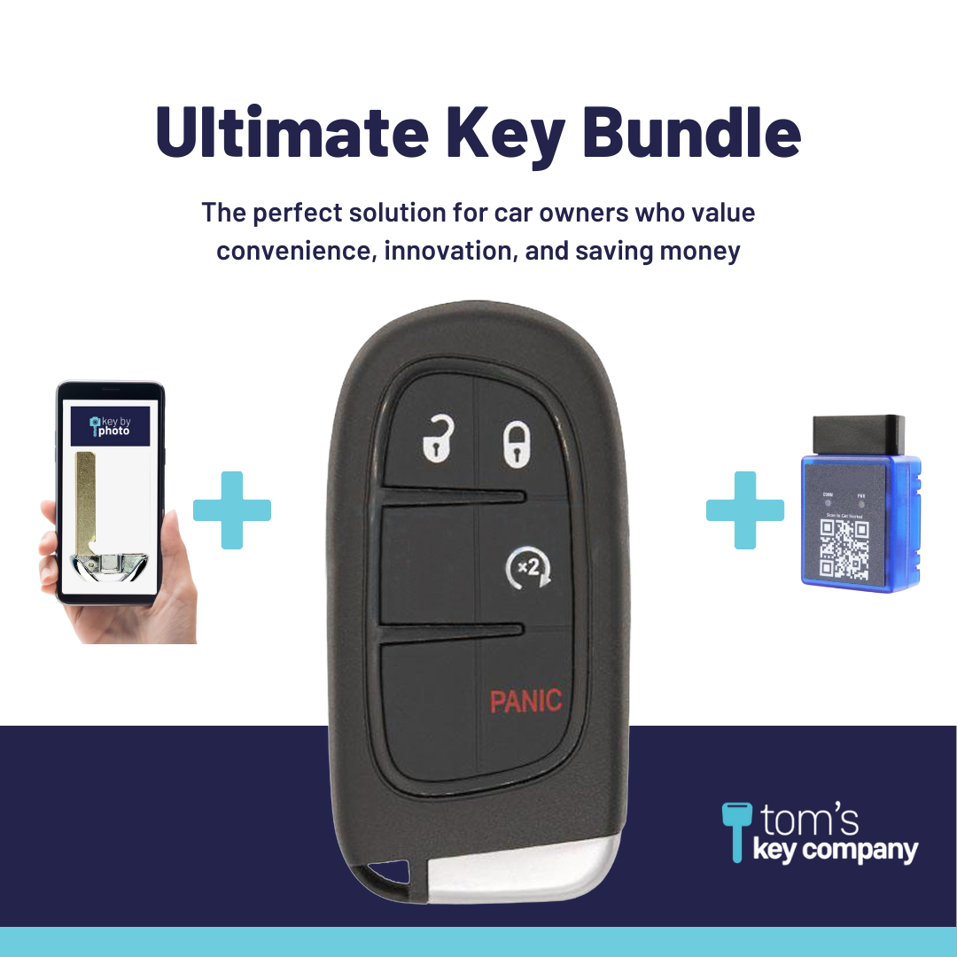 Ultimate Smart Key Bundle with Programming Tool, Refurbished 4-Button Smart Key Fob and Key By Photo for Select Dodge and RAM Vehicles (DODSK-4B-607-K-UKB)
