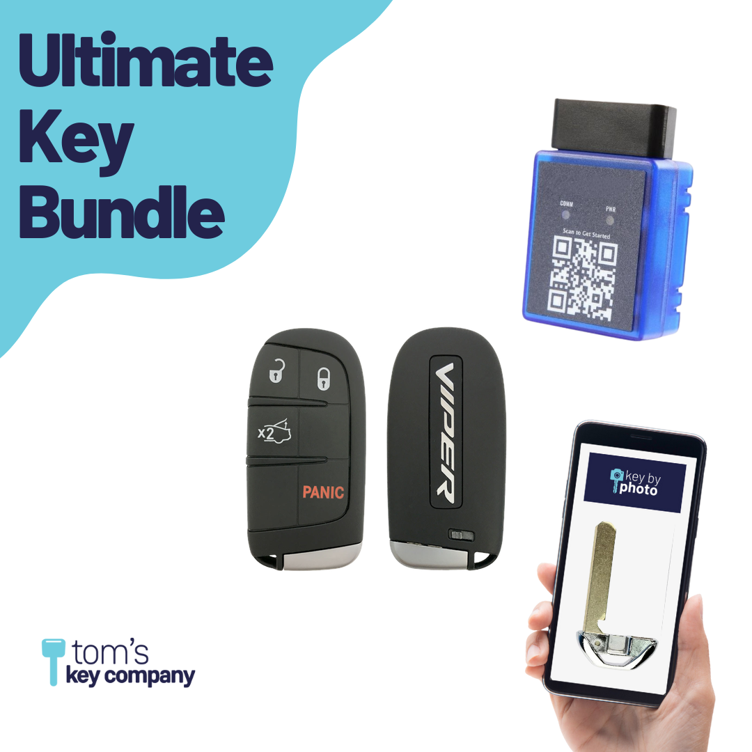 Ultimate Smart Key Bundle with Programming Tool, Refurbished 4-Button Smart Key Fob and Key By Photo for Select Dodge Vehicles (DODSK-4B-TR-1619-REF-K-UKB)