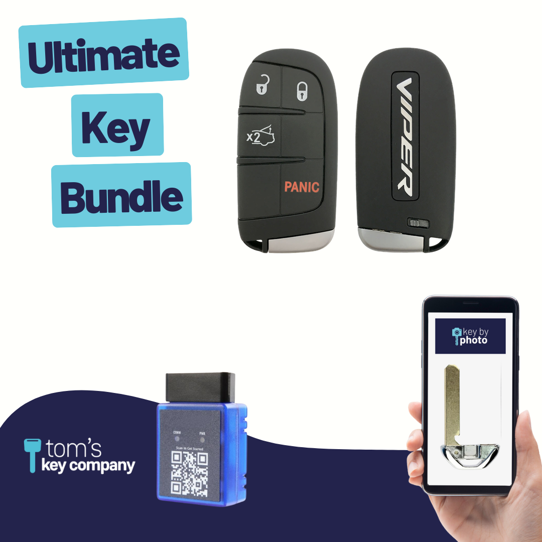 Ultimate Smart Key Bundle with Programming Tool, Refurbished 4-Button Smart Key Fob and Key By Photo for Select Dodge Vehicles (DODSK-4B-TR-1619-REF-K-UKB)