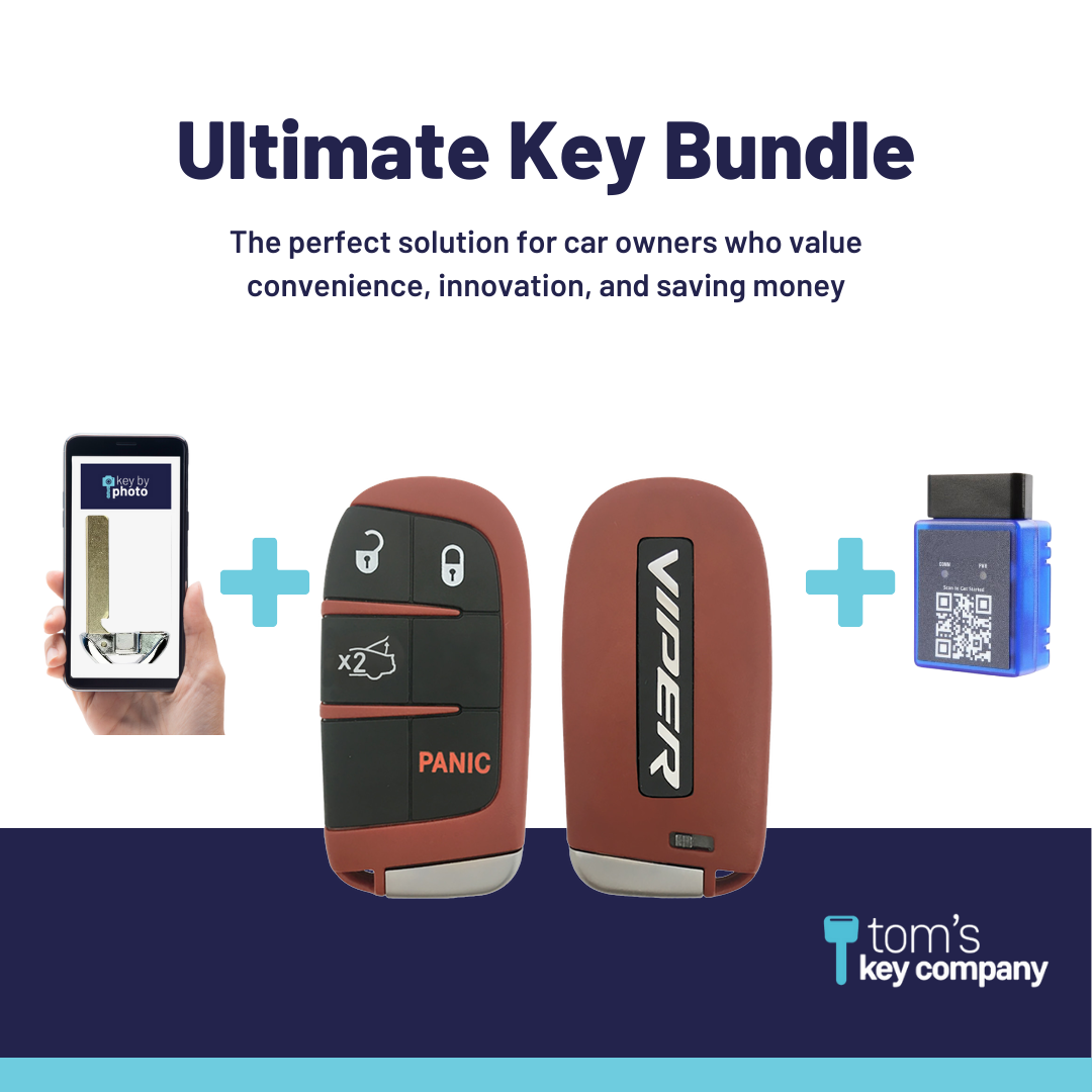 Ultimate Smart Key Bundle with Programming Tool, Refurbished 4-Button Smart Key Fob and Key By Photo for Select Dodge Vehicles (DODSK-4B-TR-1640-REF-K-UKB)