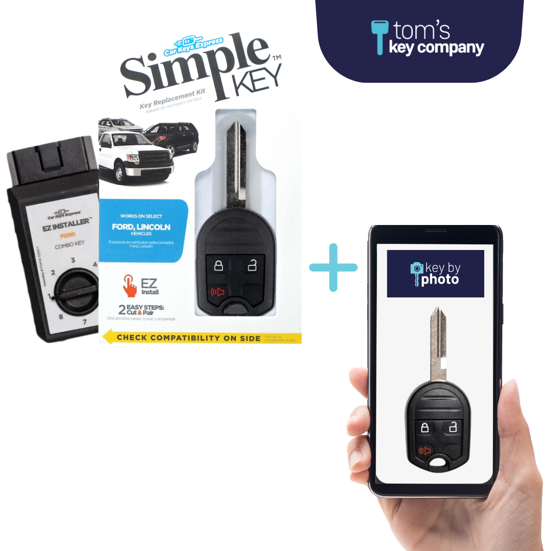 Ultimate Key Bundle DIY Car Key Replacement Kit with SimpleKey™ Programmer & Key By Photo™ Service | Ford and Lincoln with 3 Button Remote Key (FORRK3SK-KBP-UKB)