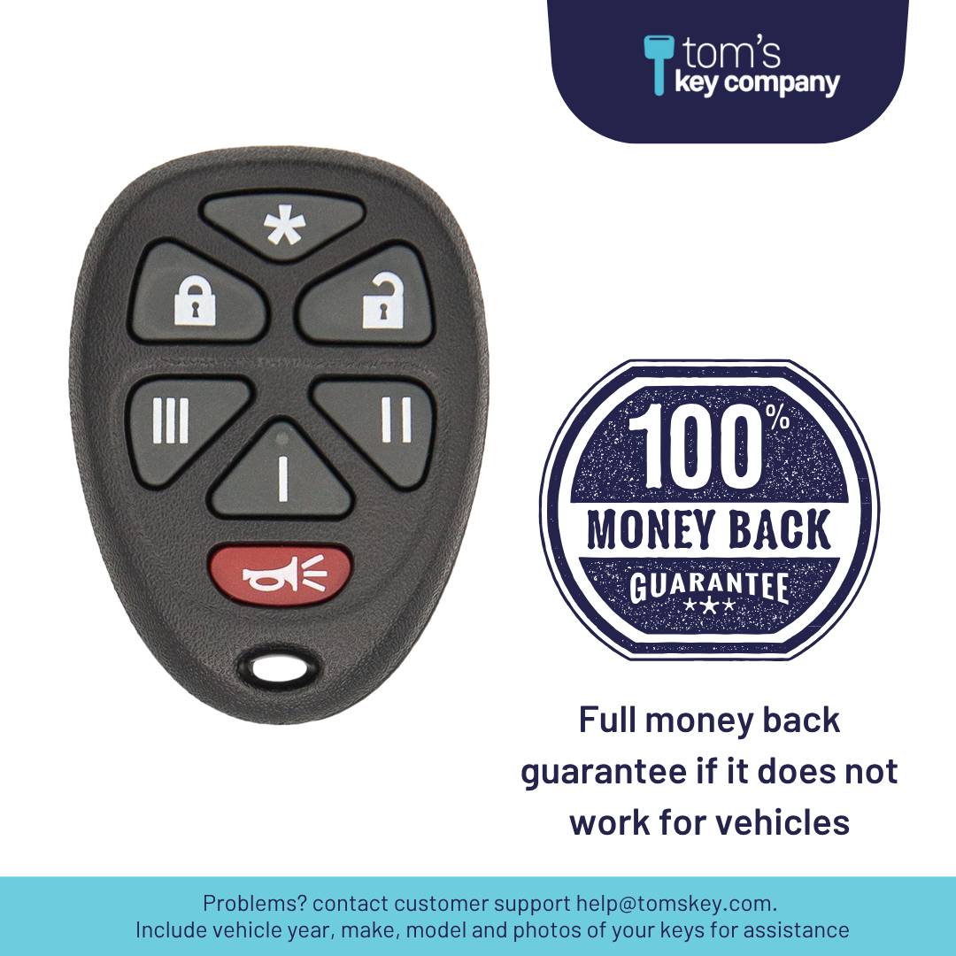 Brand New Aftermarket 7-Button Remote Fob with Lock, Unlock, Option 1, Option 2, Option 3, Option 4, Panic for Select GMC Vehicles (GMCFOB-7B-968-K)
