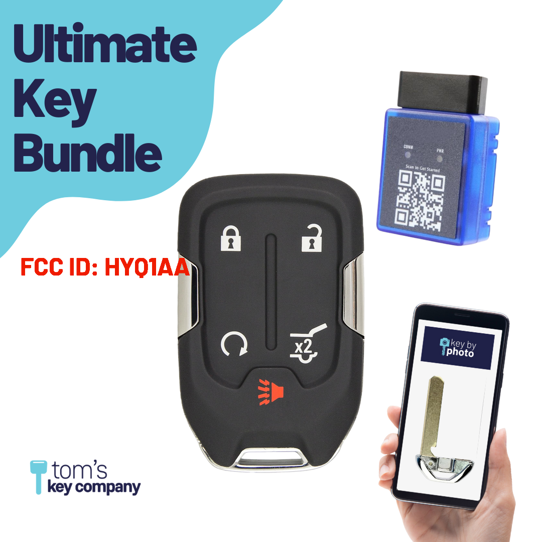 Ultimate Smart Key Bundle with Programming Tool, Aftermarket 5-Button Smart Key Fob and Key By Photo for Select GMC Vehicles (GMCSK-5B-HRRS-889-K-UKB)