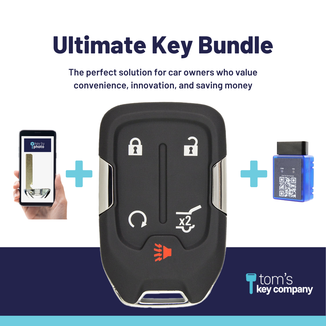 Ultimate Smart Key Bundle with Programming Tool, Aftermarket 5-Button Smart Key Fob and Key By Photo for Select GMC Vehicles (GMCSK-5B-HRRS-889-K-UKB)