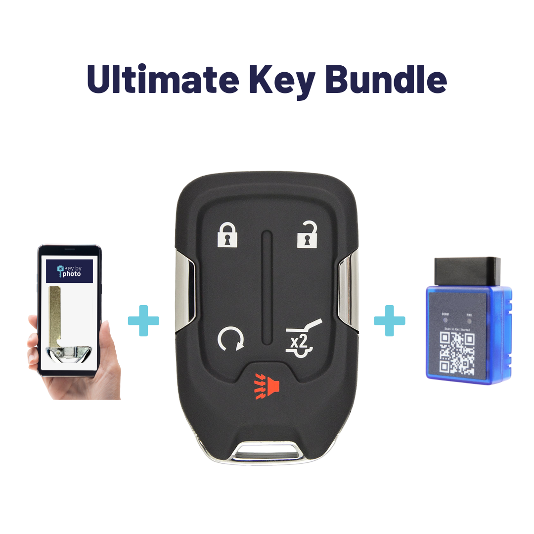 Ultimate Smart Key Bundle with Programming Tool, Aftermarket 5-Button Smart Key Fob and Key By Photo for Select GMC Vehicles (GMCSK-5B-HRRS-889-K-UKB)