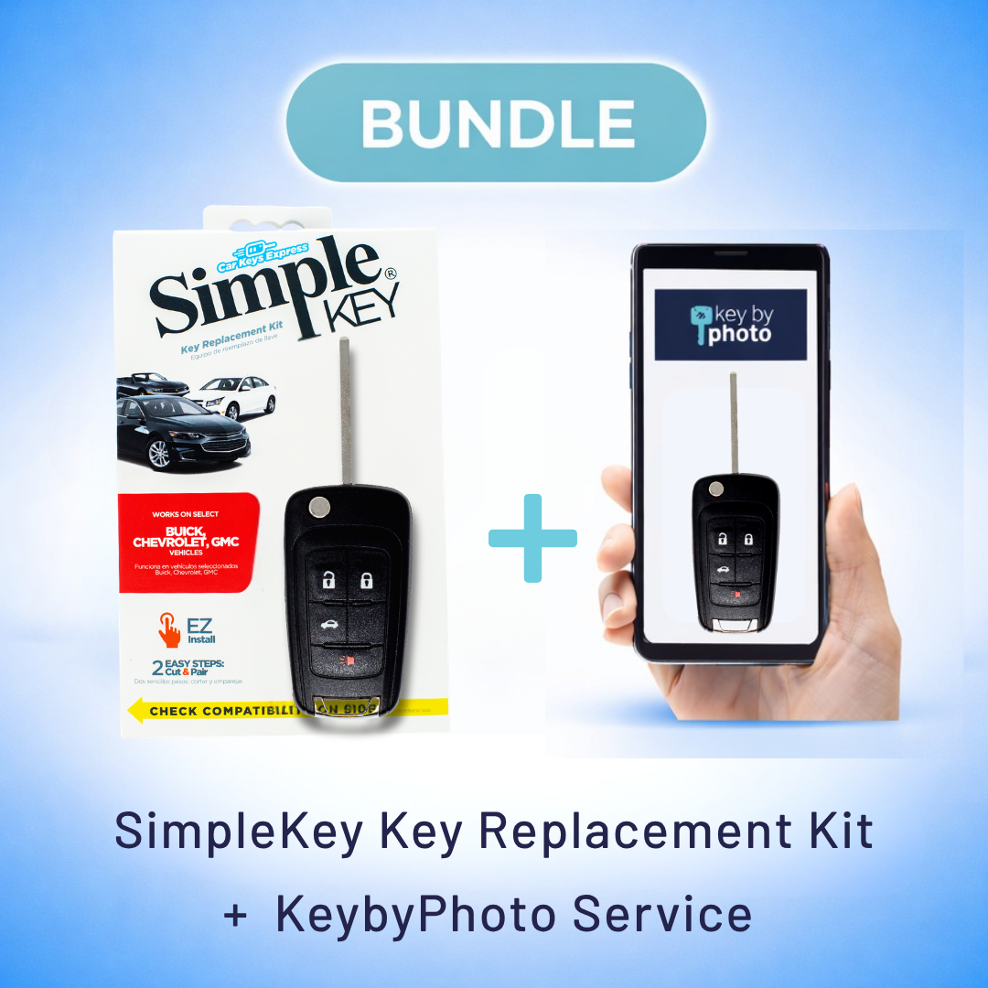 Ultimate Key Bundle DIY Car Key Replacement Kit with SimpleKey™ Programmer & Key By Photo™ Service | Select Buick, Chevrolet & GMC Vehicle with 4 Button Remote Key with Trunk Release Feature, High Security Blade (GMFK4TSK-KBP-UKB)
