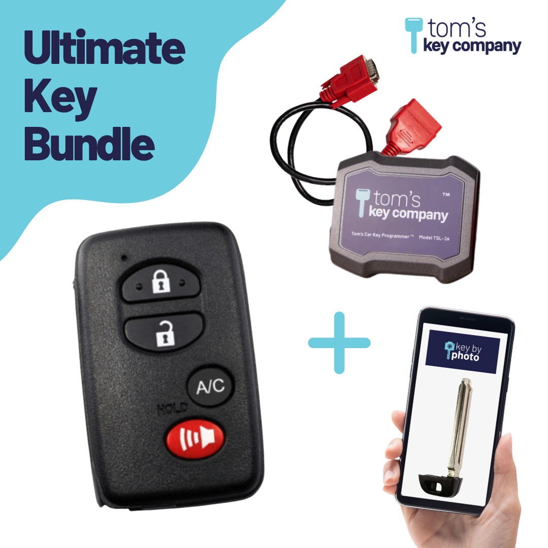 Ultimate Key Bundle DIY Car Key Replacement Kit with Tom’s Car Key Programmer™ & Key By Photo™ Service | Select Toyota Vehicle with 4 Button Smart Key with A/C Button (HYQ14ACX-4B-A/C-GNE-5290-TSL-KBP-UKB)