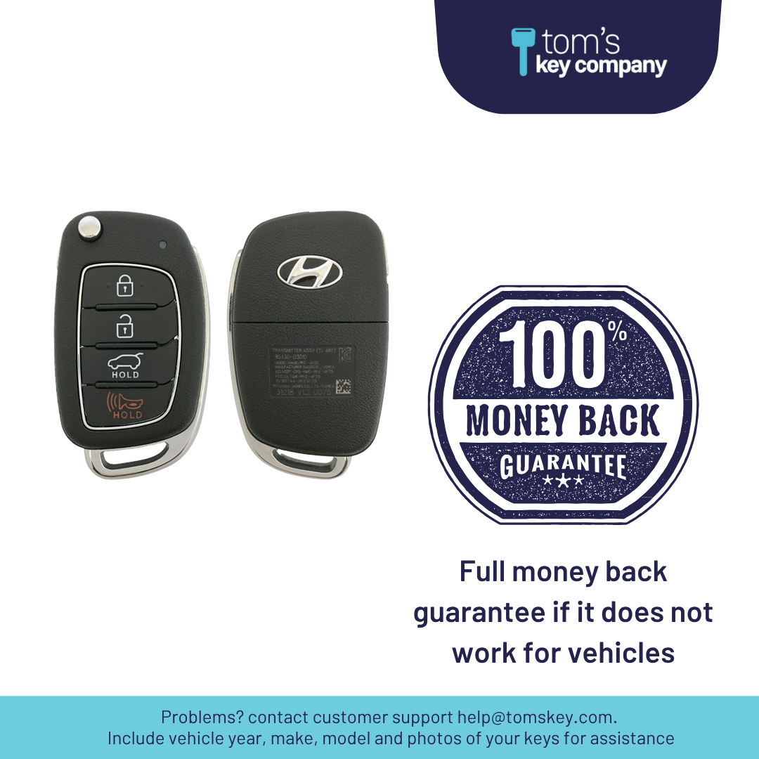 Brand New Aftermarket 4-Button Remote Key with Lock, Unlock, Hatch Hold, Panic for Select Hyundai Vehicles (HYUFLP-4B-HR-286-REF-K)