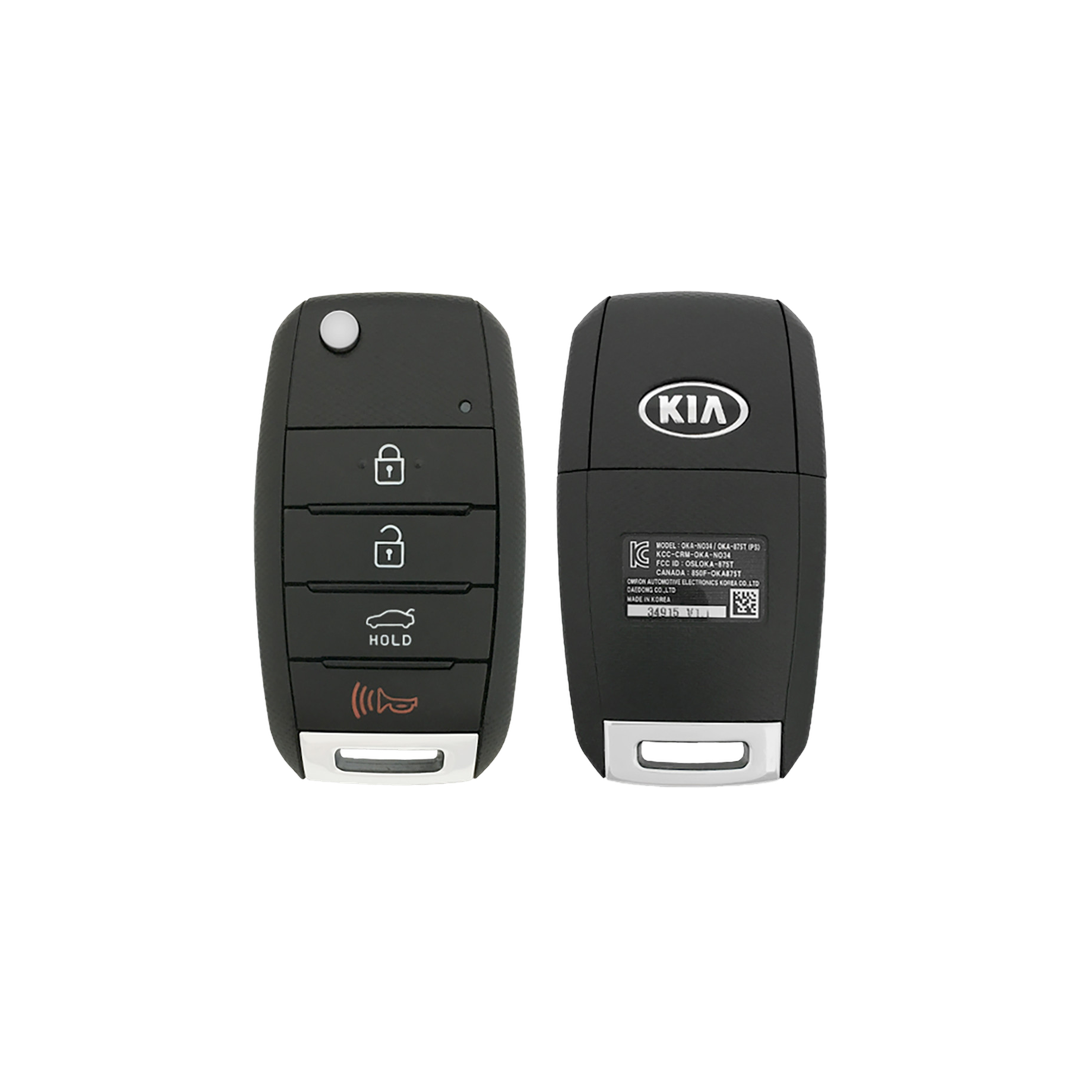 Brand New Aftermarket 4-Button Remote Key with Lock, Unlock, Trunk Hold, Panic for Select Kia Vehicles (KIAFLP-4B-TR-145-REF-K)