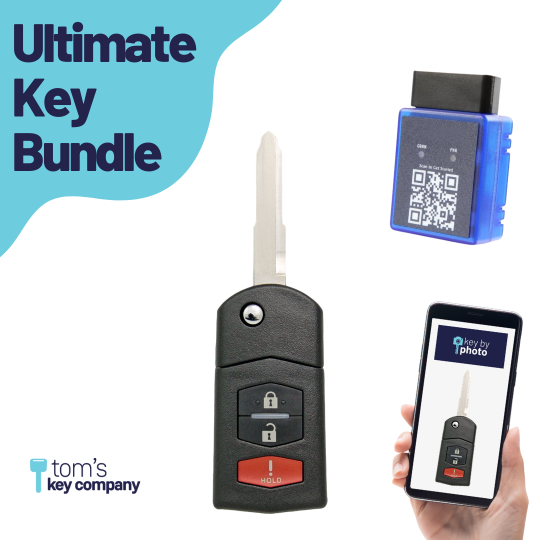 Ultimate Remote Key Bundle with Programming Tool, Aftermarket 3-Button Remote Key and Key By Photo for Select Mazda Vehicles (MAZCK-3B-322-K-UKB)