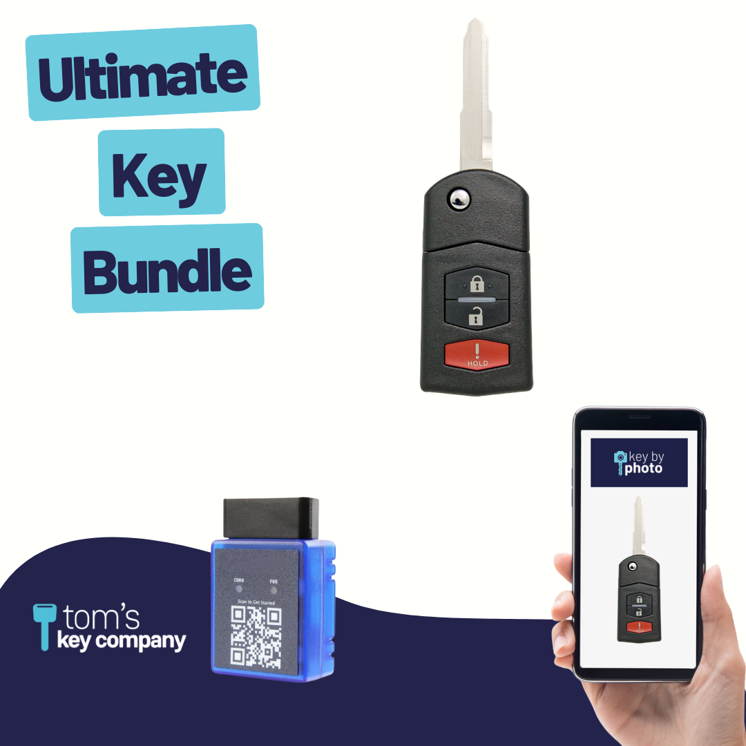 Ultimate Remote Key Bundle with Programming Tool, Aftermarket 3-Button Remote Key and Key By Photo for Select Mazda Vehicles (MAZCK-3B-322-K-UKB)