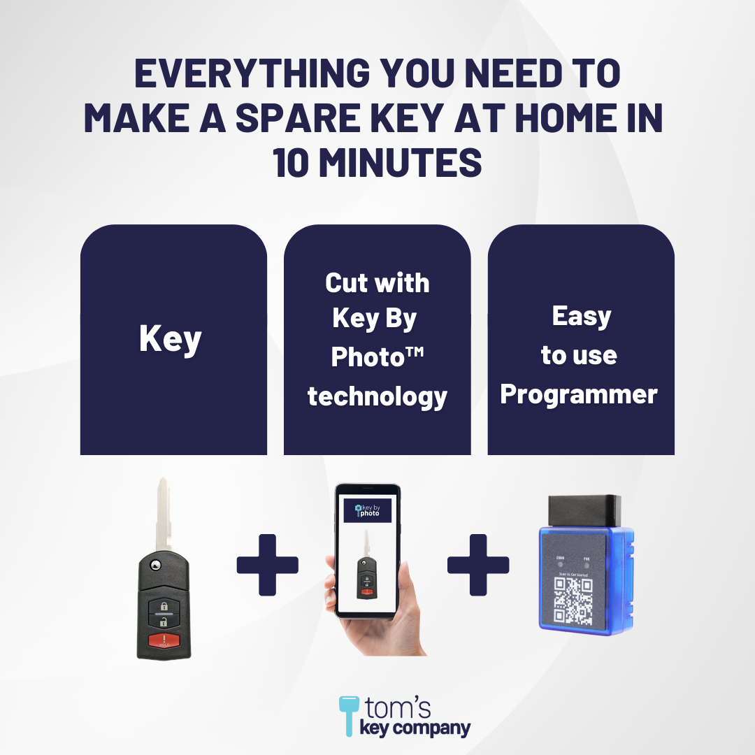 Ultimate Remote Key Bundle with Programming Tool, Aftermarket 3-Button Remote Key and Key By Photo for Select Mazda Vehicles (MAZCK-3B-322-K-UKB)