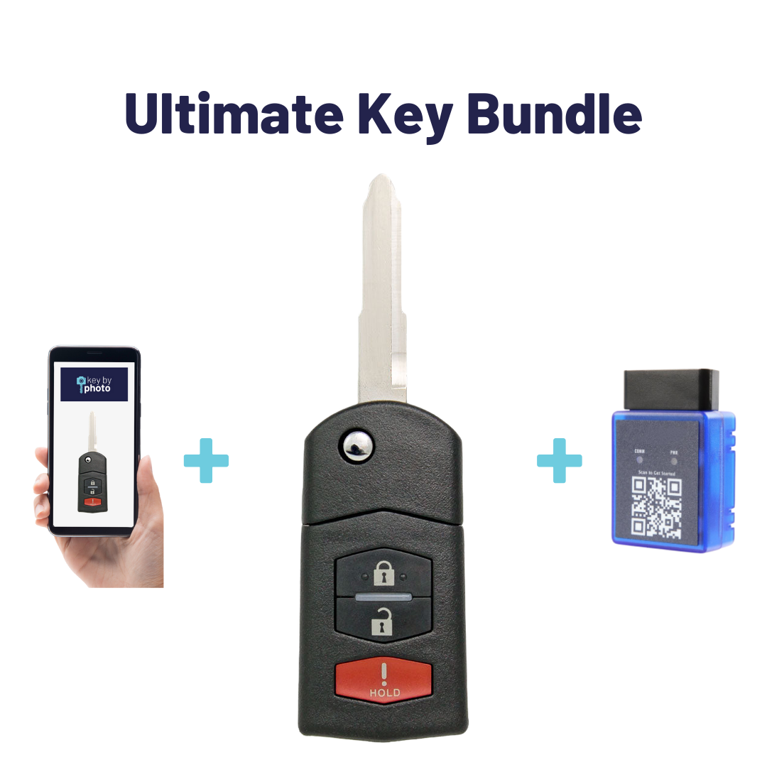 Ultimate Remote Key Bundle with Programming Tool, Aftermarket 3-Button Remote Key and Key By Photo for Select Mazda Vehicles (MAZCK-3B-322-K-UKB)