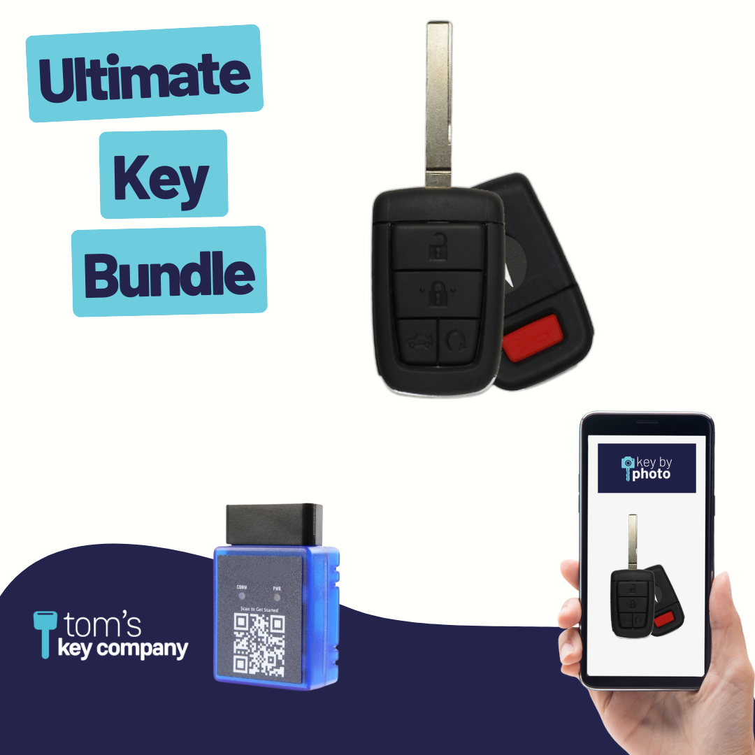 Ultimate Remote Key Bundle with Programming Tool, Refurbished 5-Button Remote Key and Key By Photo for Select Pontiac Vehicles (PONCK-5B-RSTR-822-REF-K-UKB)