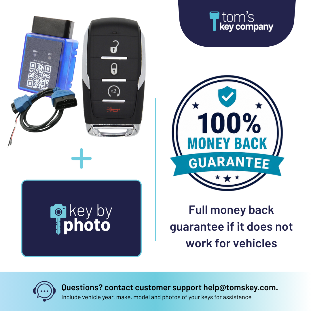 Ultimate DIY Car Key Replacement Kit for RAM 1500 (2019-2024) – 4 Button Smart Key with Remote Start w/ PairMyKey, Bypass Cable & Key by Photo (RAM-OHT-4B-RS-TMB-PMKA-BC-KBP-UKB)