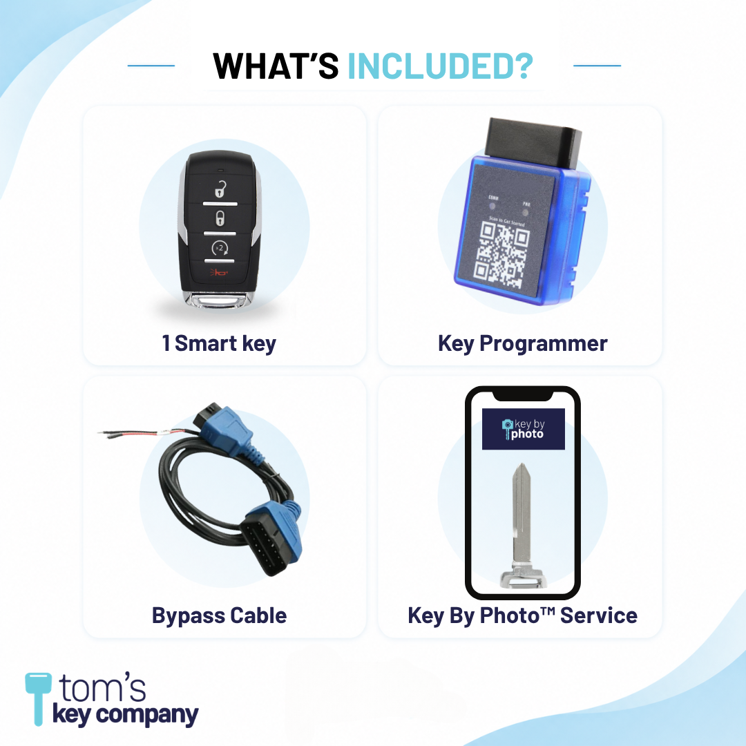 Ultimate DIY Car Key Replacement Kit for RAM 1500 (2019-2024) – 4 Button Smart Key with Remote Start w/ PairMyKey, Bypass Cable & Key by Photo (RAM-OHT-4B-RS-TMB-PMKA-BC-KBP-UKB)