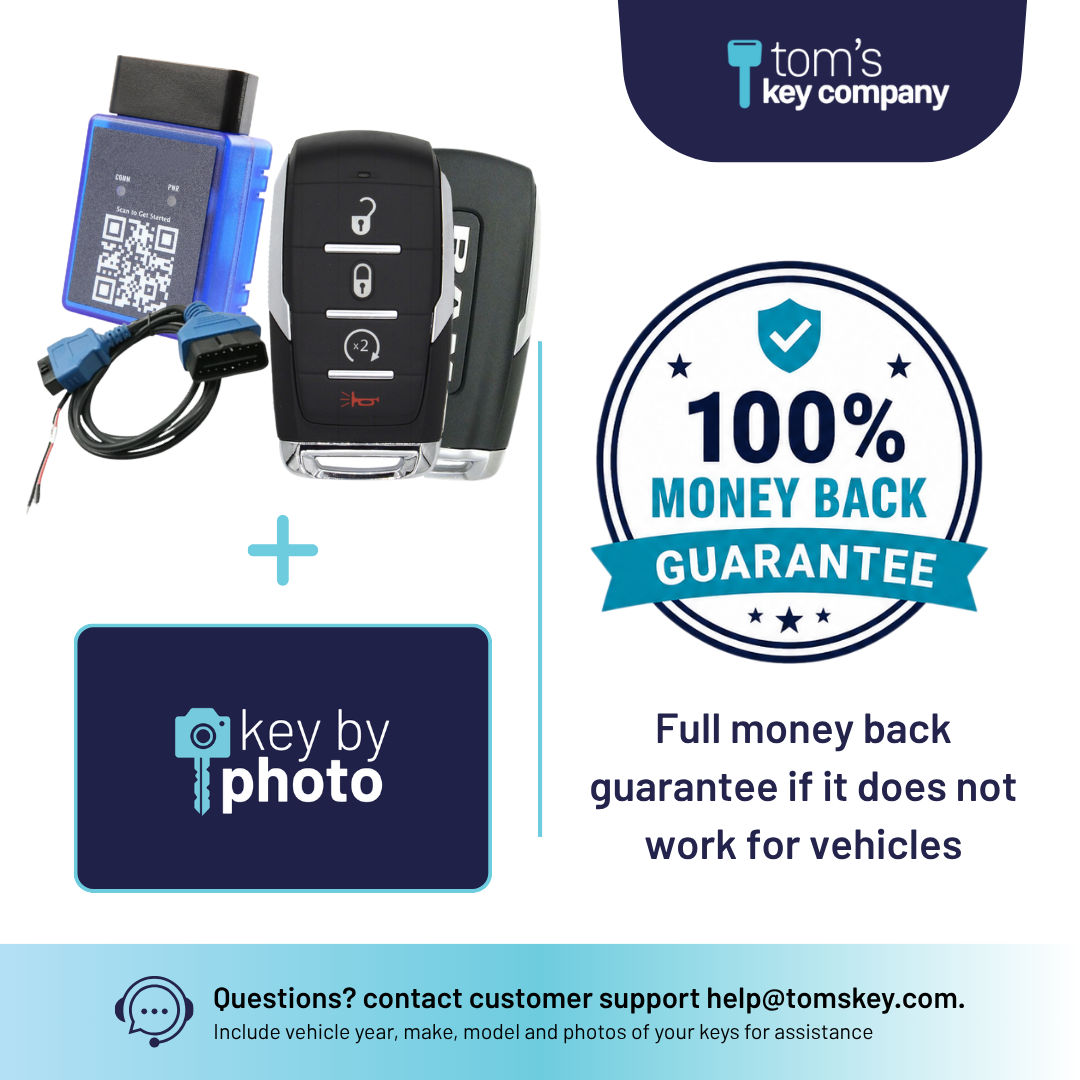 Ultimate DIY Car Key Replacement Kit for RAM 1500 (2019-2024) – 4 Button Like New Refurbished OEM Smart Key with Remote Start w/ PairMyKey, Bypass Cable & Key by Photo (RAM-OHT-4B-RS-TMB-REFURB-BC-KBP-UKB)