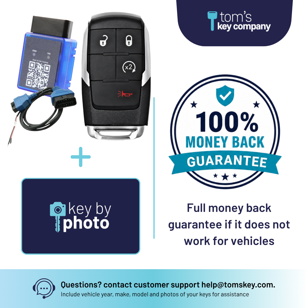 Ultimate DIY Car Key Replacement Kit for RAM 2500-5500 (2019-2024) – 4 Button Smart Key w/ Remote Start w/ PairMyKey, Bypass Cable & Key by Photo