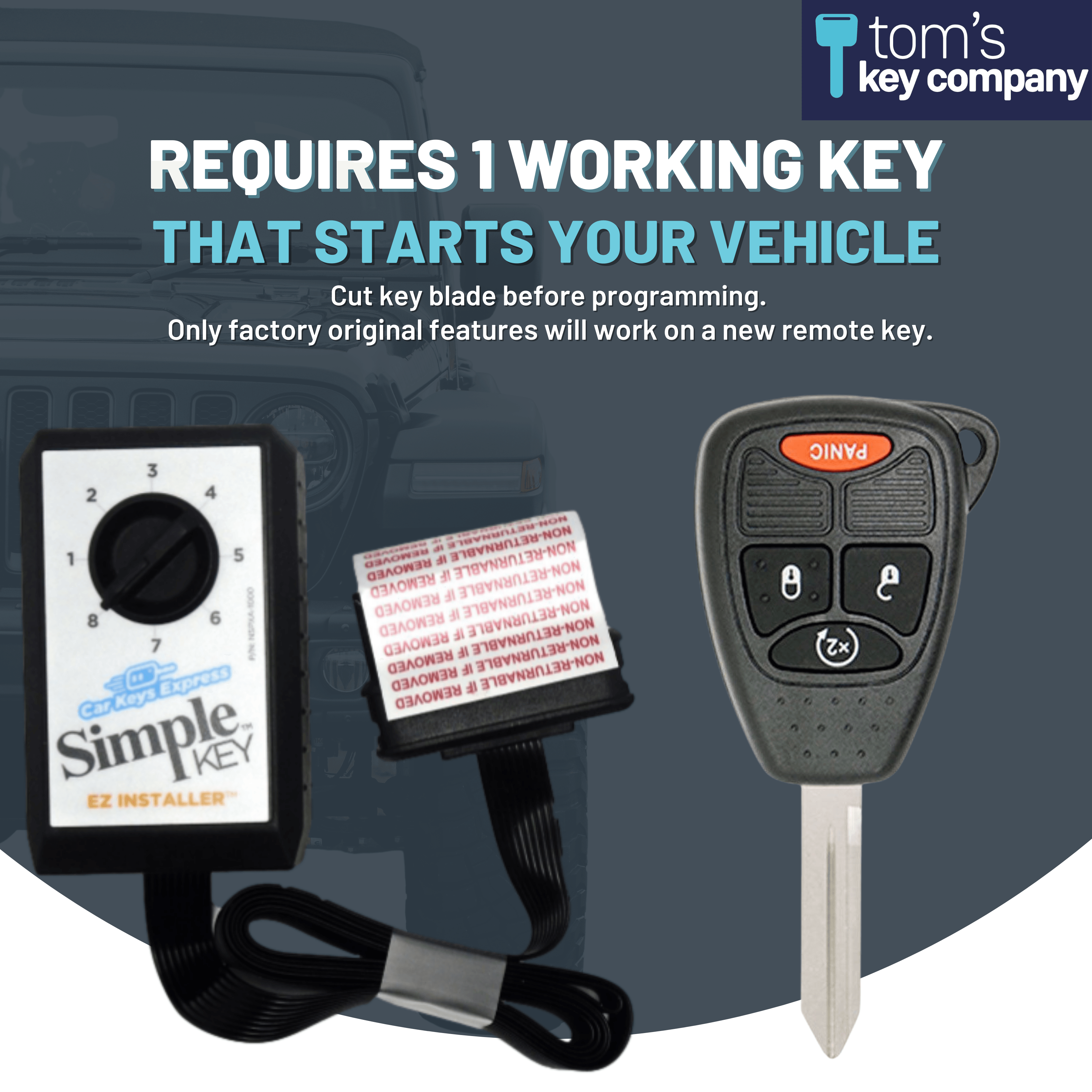 Dodge and Jeep Simple Key Programmer for Key with 4 Buttons Including Remote Start (CDRH-E4RZ0PB-RS-KIT) - Tom's Key Company